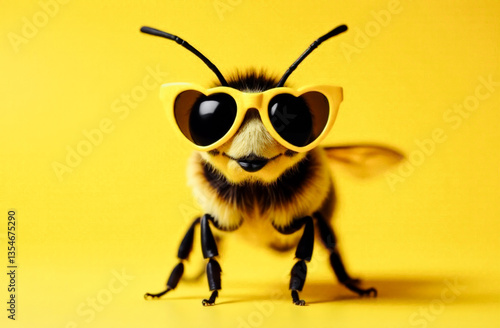 The perfect postcard for World Bee Day. A honey bee wearing yellow sunglasses on a yellow background.