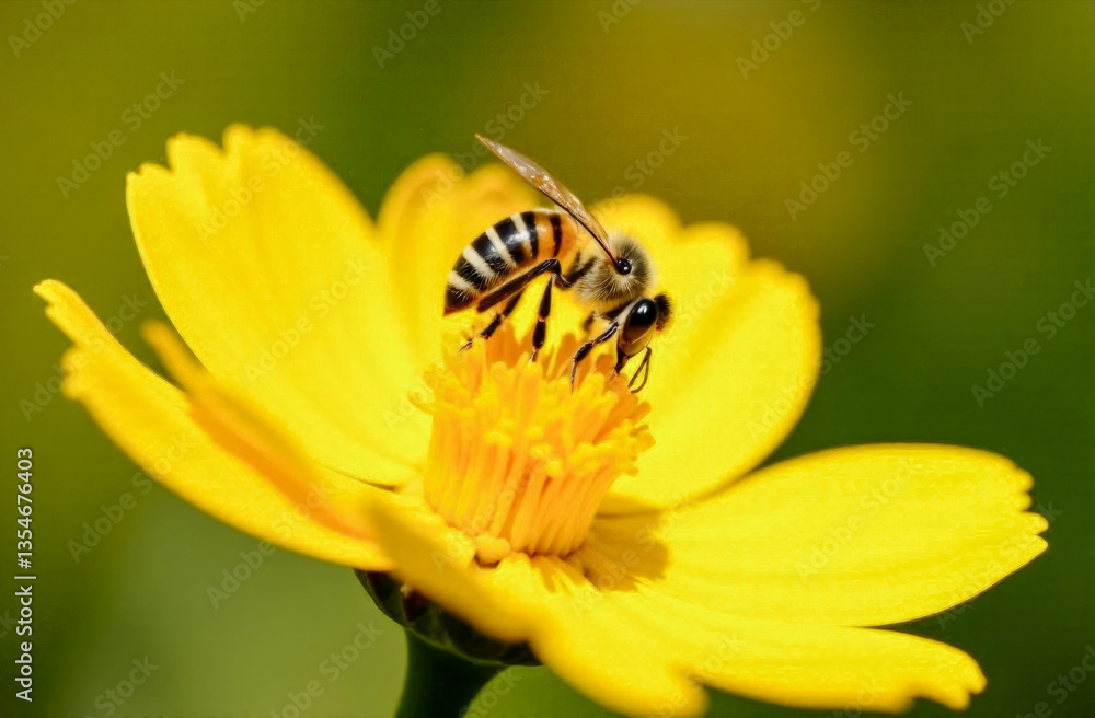 The perfect poster for World Bee Day. A honey bee collects nectar from a yellow flower on a great sunny day in an ecologically clean meadow. The perfect poster for World Bee Day. A honey bee collects nectar from a yellow flower on a great sunny day in an ecologically clean meadow.