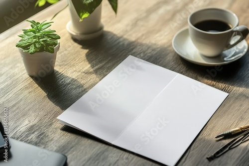 High Detail Image of Top View Trifolded Brochure on Desk