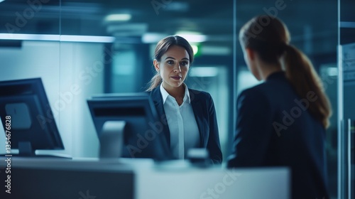 Professional Woman Assisting Client in Modern Bank Office Setting