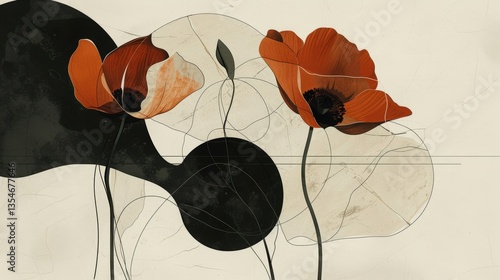Abstract poppy flowers on cream background with geometric shapes