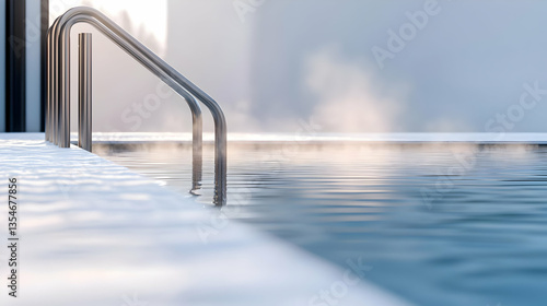 Outdoor heated pool with snowy edge.  Steaming warm water, modern metal handrails