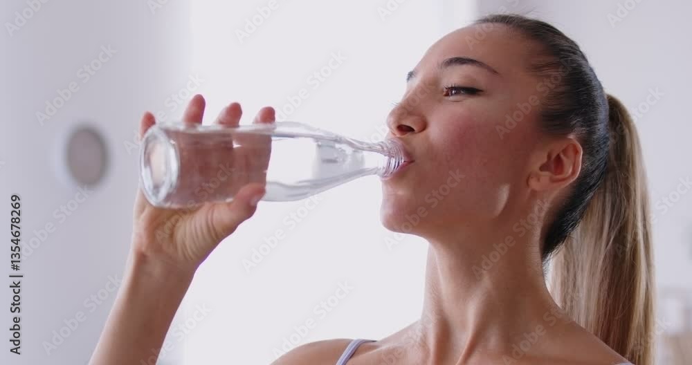 Woman having a rest after a fitness workout and refreshing herself with mineral water. Beautiful young Asian girl drinking fresh purified mineral water out of a glass bottle. Healthy lifestyle concept Woman having a rest after a fitness workout and refreshing herself with mineral water. Beautiful young Asian girl drinking fresh purified mineral water out of a glass bottle. Healthy lifestyle concept