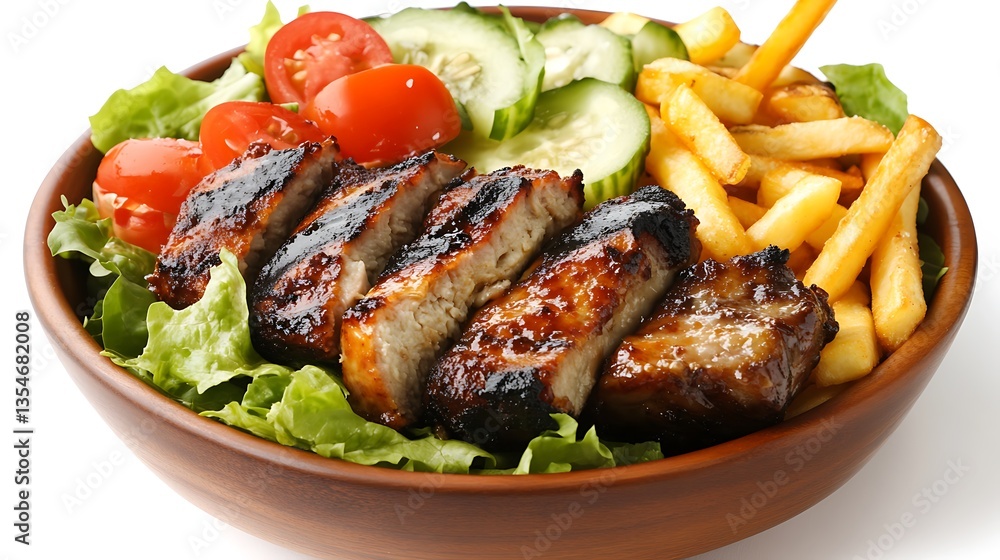 Grilled meat, fries, and salad in a wooden bowl. Grilled meat, fries, and salad in a wooden bowl.