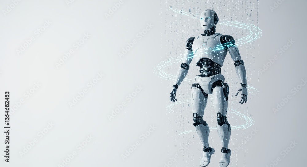 A fully designed futuristic robot hovers within a radiant spiral of data, representing AI brilliance, speed, and digital transformation A fully designed futuristic robot hovers within a radiant spiral of data, representing AI brilliance, speed, and digital transformation
