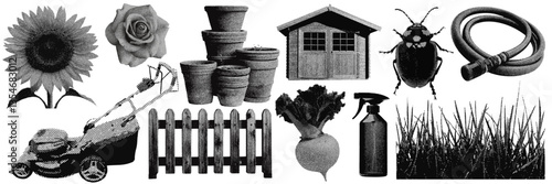 Set of gardening and nature halftone grunge vector design elements