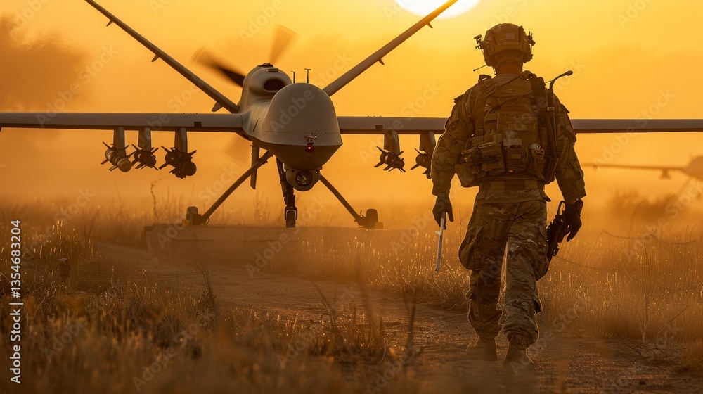 Silhouette of a soldier guiding drones for tactical combat and surveillance missions Silhouette of a soldier guiding drones for tactical combat and surveillance missions