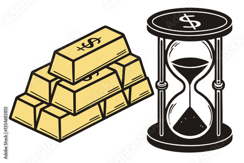 9 Gold bars, hourglass, time is money, wealth management, financial planning, black sand timer, precious metals, investment concept, shiny gold ingots, time value, white background, studio photography