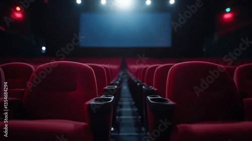 Rows of vacant red plush seating in an elegant movie theater auditorium