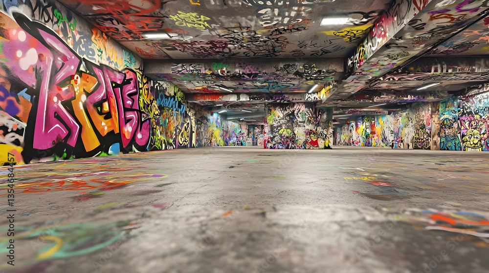 Fototapeta premium Graffiti-covered underground parking garage interior