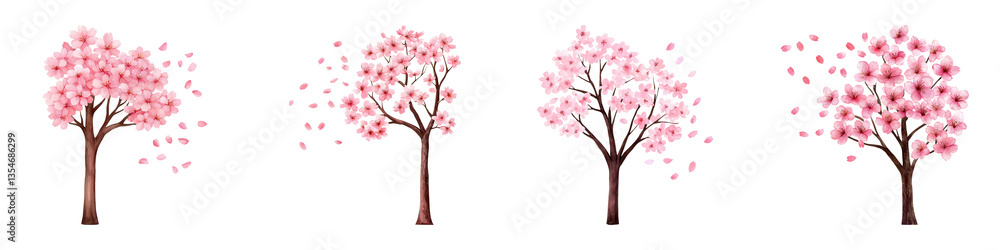 Four stylized trees with pink blossoms, showcasing varying stages of flowering and petal fall. Four stylized trees with pink blossoms, showcasing varying stages of flowering and petal fall.