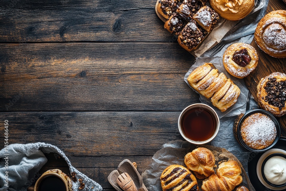 Assorted Fresh Pastries and Coffee on Rustic Wooden Table Assorted Fresh Pastries and Coffee on Rustic Wooden Table