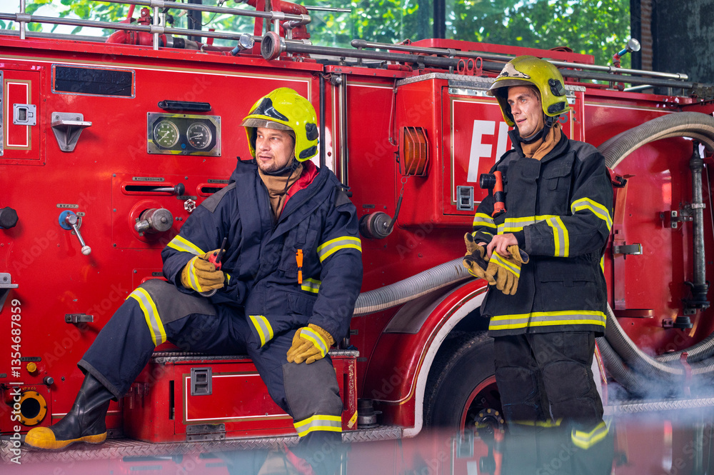 Firefighters in fire fighter safety suit stand in front of Fire truck in emergency situation.. - Safety Firefighter and industrial concept.