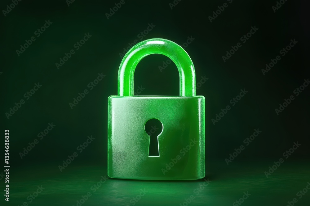 Fototapeta premium Green transparent lock on dark background displaying security