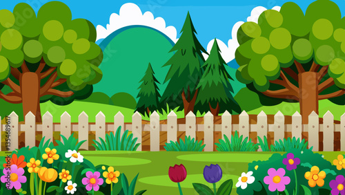 a cozy and inviting countryside garden featuring a bright green well manicured lawn in the foreground
