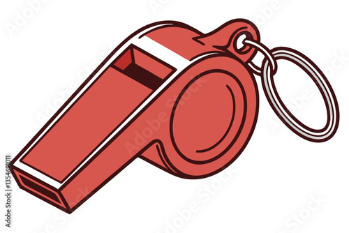10 Red metal whistle, shiny surface, sports equipment, safety device, loud sound, circular design, metallic texture, bright color, reflective highlights, isolated on white background, studio lighting,