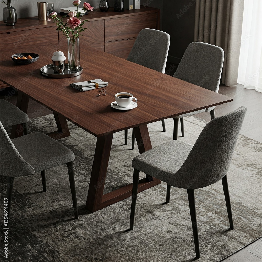 Modern Dining Room with Wooden Table, Artistic Wall Decor, and Cozy Atmosphere Modern Dining Room with Wooden Table, Artistic Wall Decor, and Cozy Atmosphere