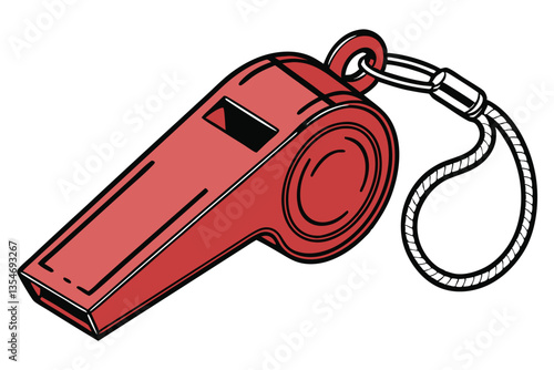 10 Red metal whistle, shiny surface, sports equipment, safety device, loud sound, circular design, metallic texture, bright color, reflective highlights, isolated on white background, studio lighting,