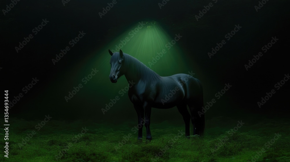 Naklejka premium Dark Horse in Misty Forest