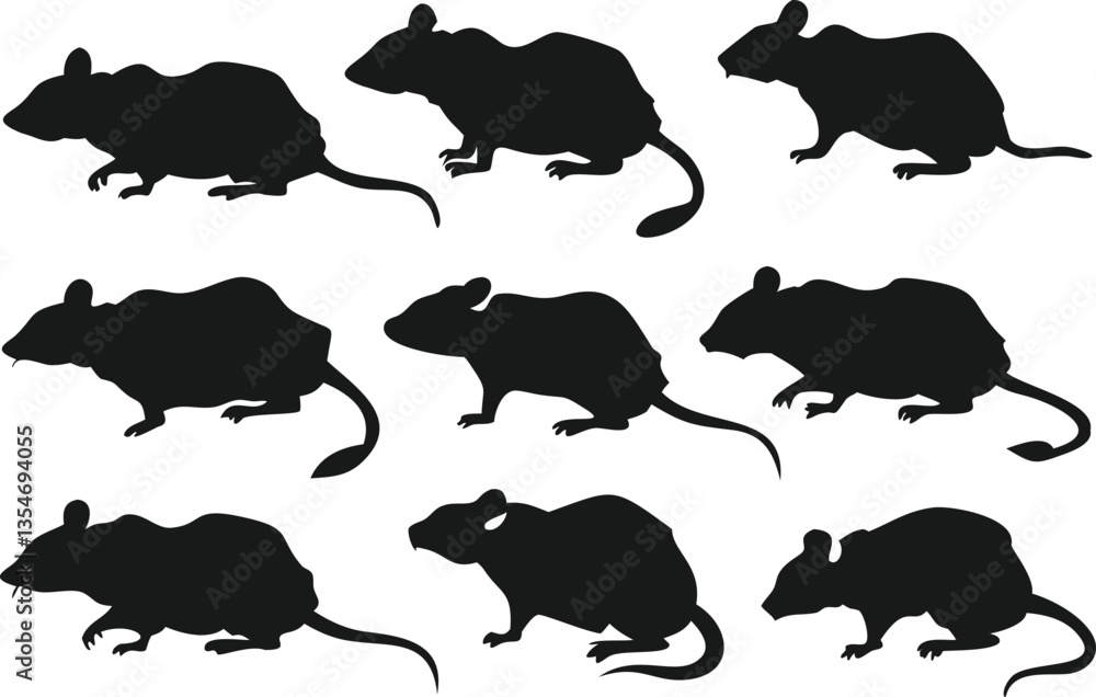 Fototapeta premium Silhouette set of various rats or mice.