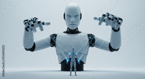 Powerful futuristic robot holding a human like a puppet, symbolizing control, manipulation, and dominance of AI in a digital world