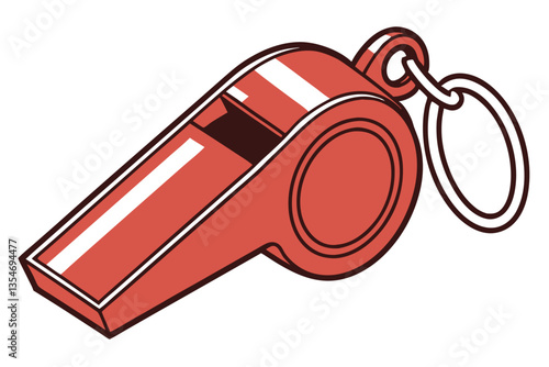 10 Red metal whistle, shiny surface, sports equipment, safety device, loud sound, circular design, metallic texture, bright color, reflective highlights, isolated on white background, studio lighting,