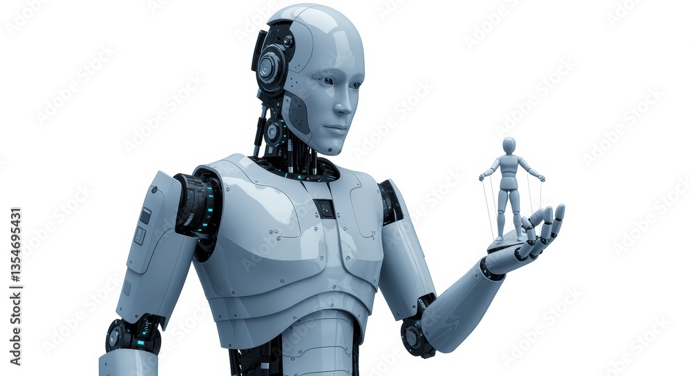 Powerful futuristic robot holding a small human figure in its hand, symbolizing control, protection, and the dominance of artificial intelligence Powerful futuristic robot holding a small human figure in its hand, symbolizing control, protection, and the dominance of artificial intelligence