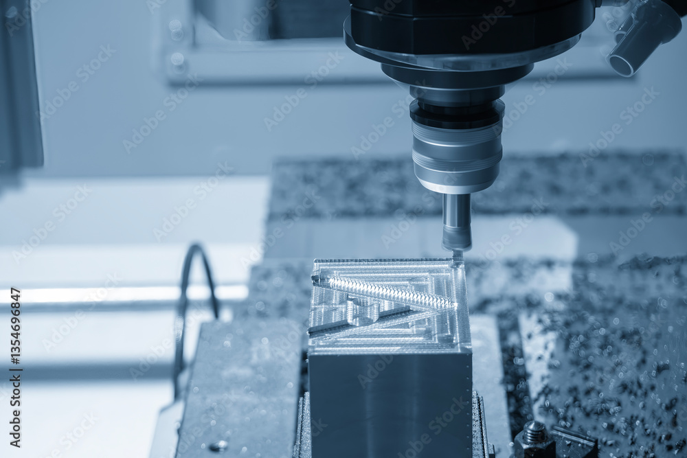 The CNC milling machine rough cutting the mold parts by indexable tools in the light blue scene. The CNC milling machine rough cutting the mold parts by indexable tools in the light blue scene.