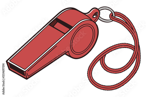 10 Red metal whistle, shiny surface, sports equipment, safety device, loud sound, circular design, metallic texture, bright color, reflective highlights, isolated on white background, studio lighting,