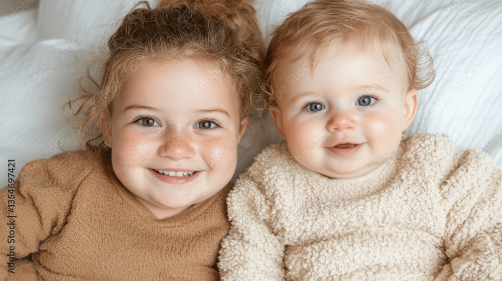 Smiling Children Relaxing Together on Soft Bedding with Natural Light in Cozy Indoor Setting Smiling Children Relaxing Together on Soft Bedding with Natural Light in Cozy Indoor Setting