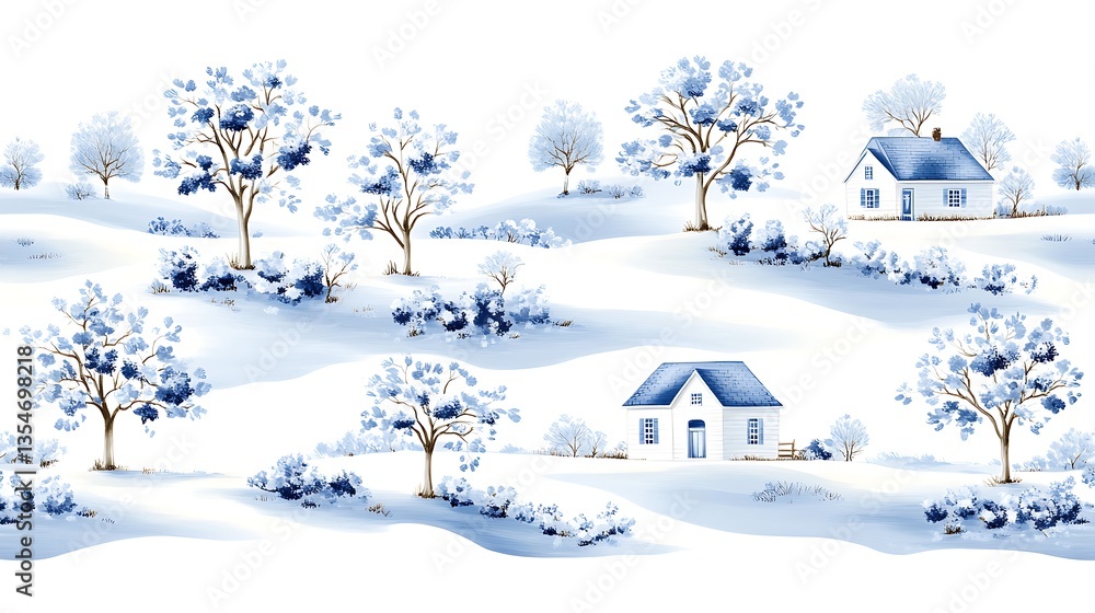 Naklejka premium Serene Winter Landscape Blue Houses Snowy Hills and Frosty Trees Watercolor Painting