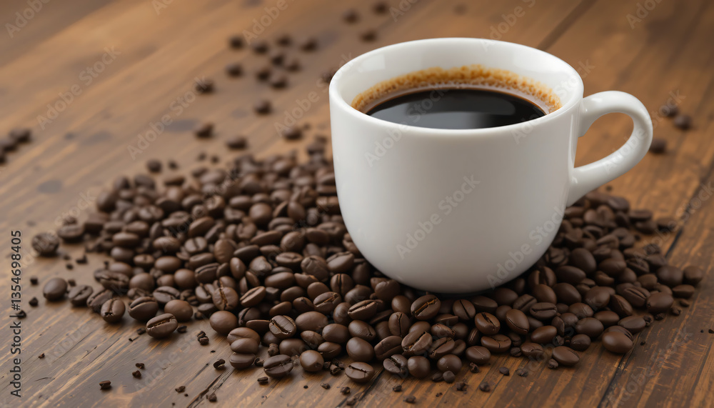 Fototapeta premium Coffee cup beans wood table.
