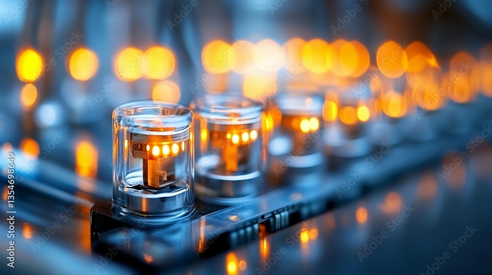 Close-up of glowing vacuum tubes in a row on a circuit board. Close-up of glowing vacuum tubes in a row on a circuit board.