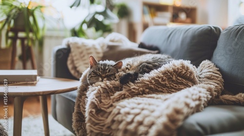 Visualize a person sleeping on a plush couch in a cozy living room. A soft throw blanket covers them, and a cat curls up at their feet.