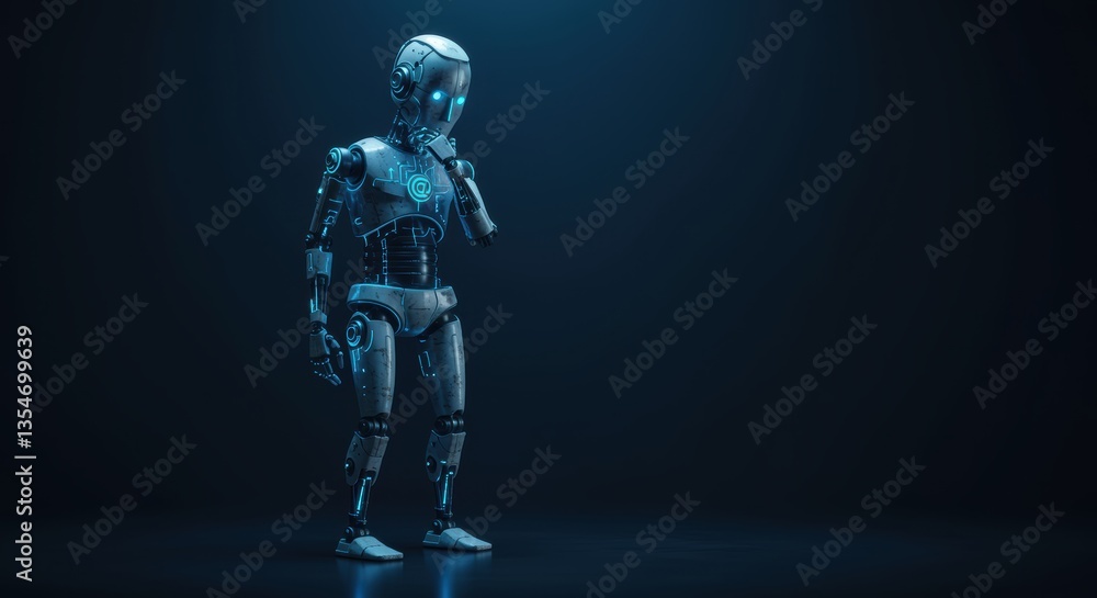 Fototapeta premium Futuristic robot in a thoughtful pose, symbolizing artificial intelligence, deep thinking, and advanced digital consciousness in a tech world