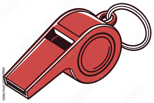 10 Red metal whistle, shiny surface, sports equipment, safety device, loud sound, circular design, metallic texture, bright color, reflective highlights, isolated on white background, studio lighting,