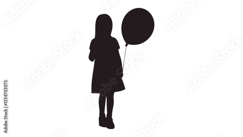 Girl Holding Balloon Black Icon - Silhouette on White Background