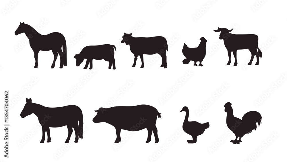 Fototapeta premium Farm Animals Set - Silhouettes of Cow, Pig, Sheep, Hen, Duck, Horse
