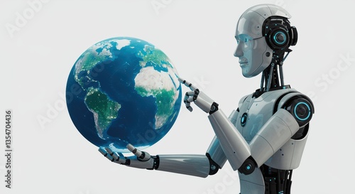 Futuristic robot holding a glowing digital world, symbolizing global connection and advanced technology in a clean environment