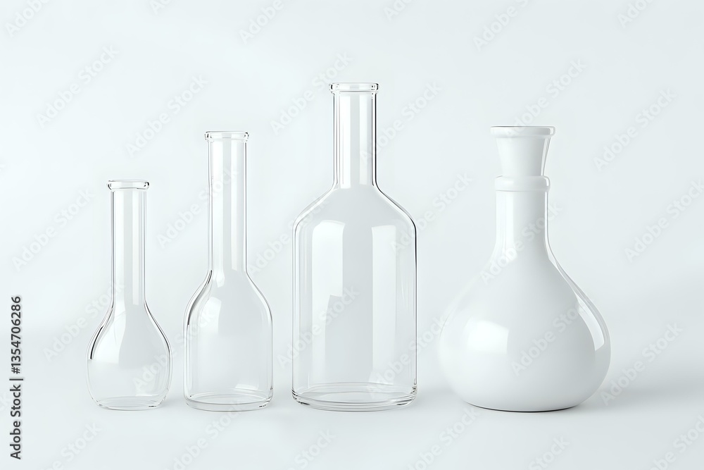 Empty transparent glass laboratory flasks and bottles of different sizes arranged in row on white background, isolated chemical glassware for science experiments. Empty transparent glass laboratory flasks and bottles of different sizes arranged in row on white background, isolated chemical glassware for science experiments.