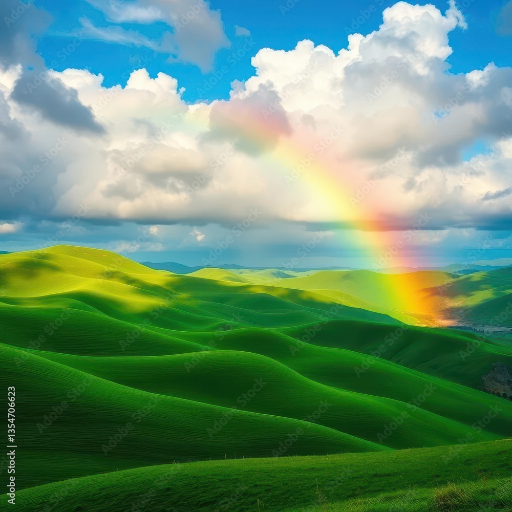 Rolling emerald hills under a vibrant blue sky, a rainbow arcing gently across the landscape, foliage, summer Rolling emerald hills under a vibrant blue sky, a rainbow arcing gently across the landscape, foliage, summer