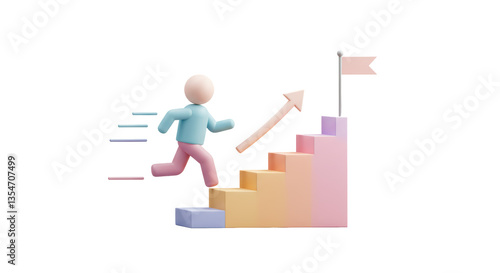 Isolated Figure Climbing Stairs Towards a Flag