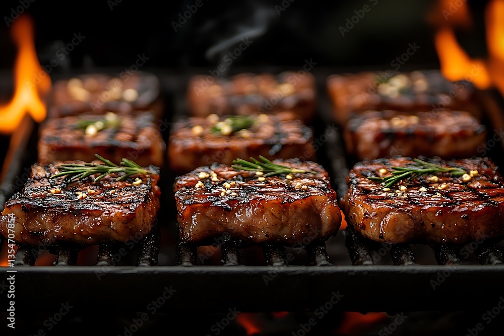 Grilled Steaks On A BBQ Grill With Rosemary, Smoke, Flame And Spices Background Grilled Steaks On A BBQ Grill With Rosemary, Smoke, Flame And Spices Background