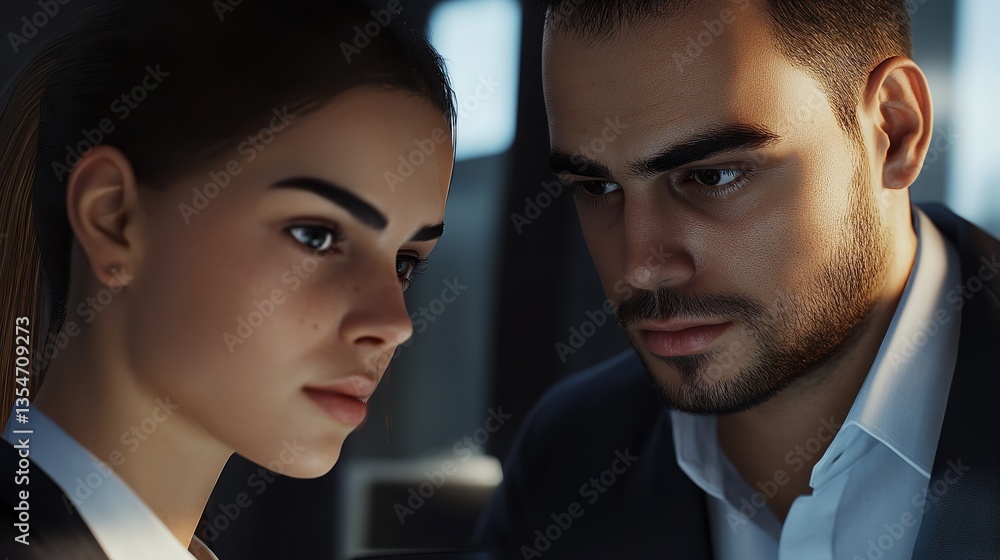 Close up of a woman and man in suits looking down with serious expressions in a dimly lit setting Close up of a woman and man in suits looking down with serious expressions in a dimly lit setting