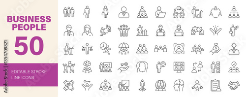 Business people icon set. Business related line icons: leadership, teamwork, meeting, workshop, employee, career, partnership, headhunting and more. Editable stroke. Vector illustration.