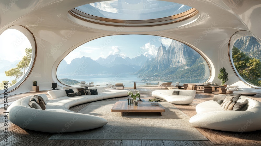 Modern luxury living room with mountain and lake view Modern luxury living room with mountain and lake view