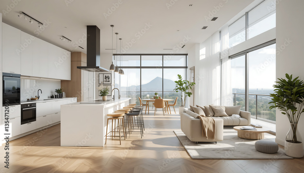 Fototapeta premium Modern apartment with city view, and sunrise.