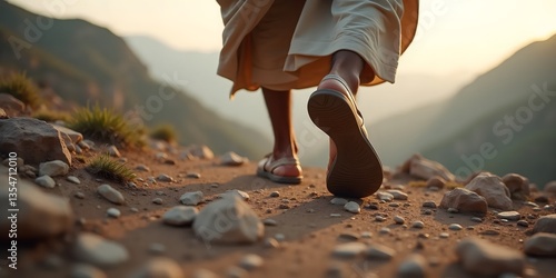 A man in ancient clothes and sandals travels in the mountains