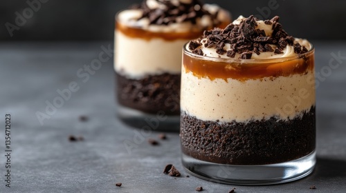 Layered dessert cups with caramel and chocolate