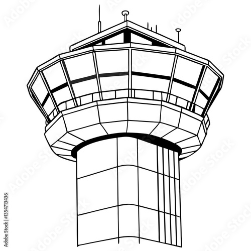 Control tower illustration in black and white outline style  